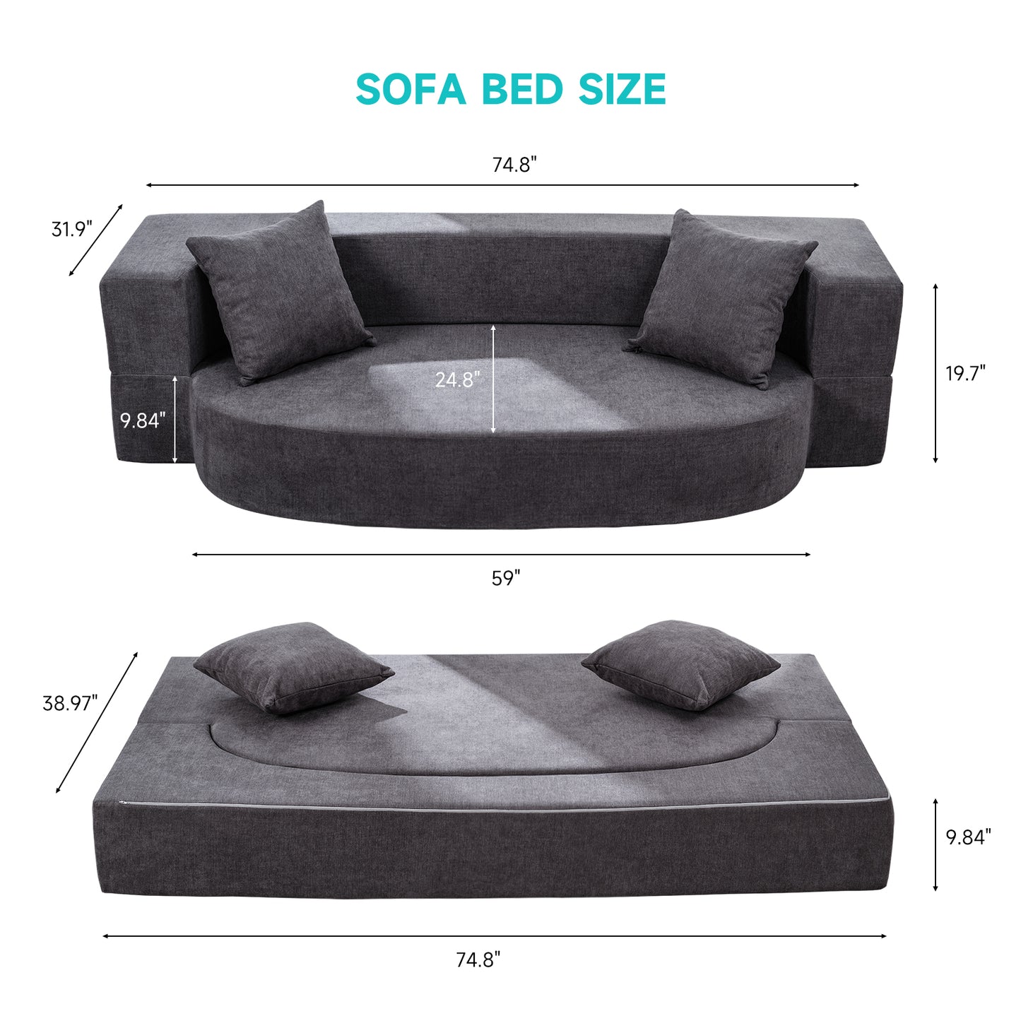 Folding Sofa Bed, 10 Inch Memory Foam Folding Bed Couch with 2 Pillows & Washable Cover Convertible Fold out Futon Sofa Sleeper Chair, 75" W x 32" D x 10" H , Twin